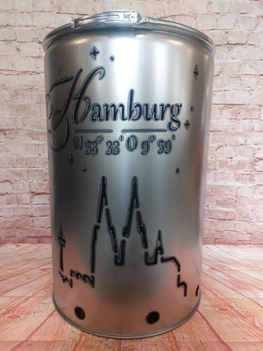 Fuchsbau Feuertonnen Feuertonne mit - Hamburg - Motiv - Gefertigt aus neuem Ölfass - Besondere Feuerstelle für Garten und Terrasse - Hohe Feuerschale mit Rostoptik - 90 x 60 cm