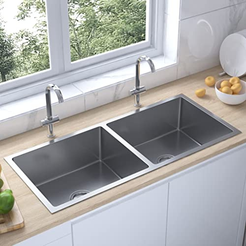 WIFESE Handgemachte Einbauspüle 100x44x20 cm Doppelbecken Lebensmittelqualität Küchenspüle Spülbecken Silber Küchenspülen Spülen Waschbecken Küche Edelstahl mit Korrosionsbeständig