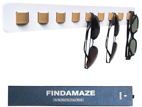FINDAMAZE Organizador Gafas De Sol - Soporte Gafas Madera 9 Ganchos Expositor Gafas Pared,Porta Gafas, Material de Cuero PU, Decoración del hogar, (Blanco-1pcs-long)