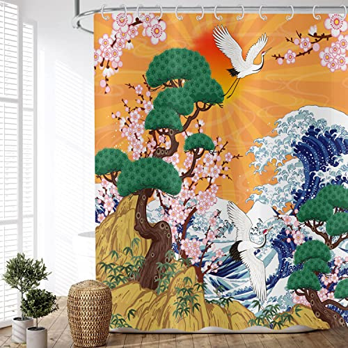 ASDCXZ Cortina de Ducha Flor de Ciruelo 180x200 cm, Pintura China Asiática Flor de Ciruelo Pino Ciprés Cortinas de Ducha Lavables Tela de Cortina Ducha Impermeable con 12 Ganchos