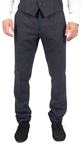 TruClothing Mens Herringbone Tweed Trousers Navy Red Check Vintage 1920s Tailored Fit - Navy 36