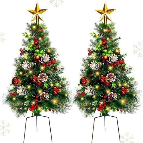 Set of 2 Outdoor Christmas Trees, 82.2cm Lighted Pre-Lit Artificial Pathway Xmas Trees Yard Decorations, Battery Operated Small Entryway Porch Tree for Grave,Garden Decor