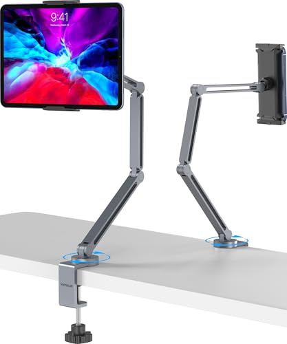 YICOSUN Tablet Stand for Desk - Heavy Duty Aluminum iPad Arm Mount with Super Grip Clamp, 360° Rotating Foldable Holder for 4.7-13 iPad, Kindle, Phone - Reading, Drawing, Video Call - Gray