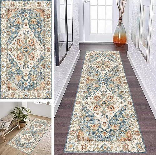 ZDYHMrj Läufer Teppich Flur Küche Waschbar rutschfest 80 * 350cm, Marokko Boho Style Blau Lang Teppichmatte Dauerhaft Fur Korridor Wohnzimmer Schlafzimmer Meterware Anpassbar