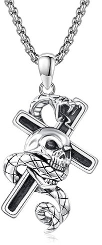 Gothic Schmuck Totenkopf Halskette 925er Sterlingsilber Halloween Kette Totenkopf Kreuz Schlange Anhänger Witcher Schmuck Geschenk für Herren Jungen