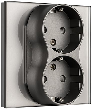 BSEED Schuko Steckdose 2 Fach auf einem Sockel, unterputz Steckdose Glas, Doppelsteckdose Unterputz passt in einem Unterputzdose, Doppel Wandsteckdose 16Amp EU Steckdose Grau - 86mm