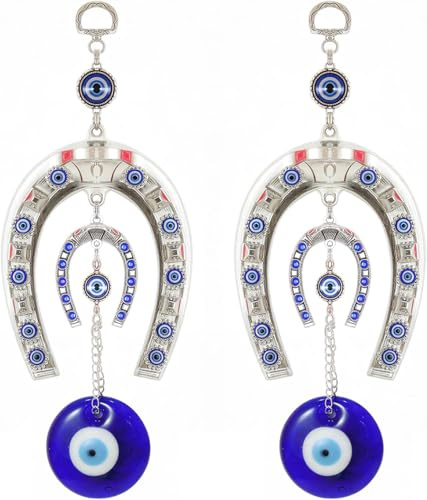 TIED RIBBONS Evil Eye Hängedekoration | Metall, 2er-Set | 10 Zoll | Hufeisen-Evil-Eye-Dekor für Zuhause, Auto, Wandbehang, Glücksbringer, Wohnzimmer | Evil Eye Ornament für Fenster