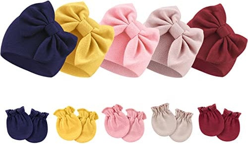 DRESHOW Neugeborene Baby Mütze Fäustlinge Krankenhaus Hut Beanie Säuglingshüte mit Schleife Baby Handschuhe for 0-6 Monate
