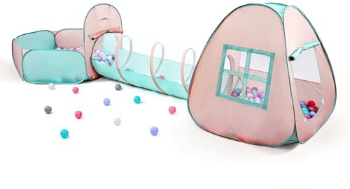 Tente de jeu pop-up 3 en 1 pour enfants avec tunnel et piscine à balles pour enfants, garçons, filles, bébés et tout-petits, maison de jeu intérieur/extérieur, orange/vert clair