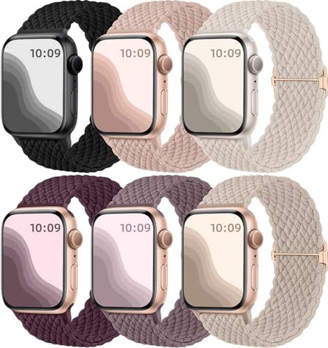 Maledan 6 Stück Geflochtenes Armband Kompatibel mit Apple Watch Armband 44mm 45mm 42mm 46mm 49mm Damen Herren, Elastisches Nylon Sport Solo Loop Band für iWatch SE Series 10 9 8 7 6 5 4 3 2 1 Ultra