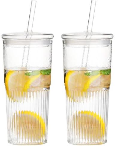 MEYAGOT Lot de 2 600ml Verre Canette Avec Couvercle Et Paille,Verre Avec Couvercle Et Paille,Verre Avec Paille,Réutilisables Verre Canette Et Paille Pour Smoothie,Bière,Soda,Cocktails