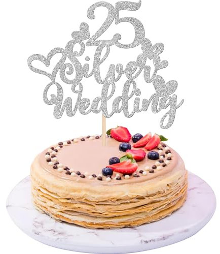 Xsstarmi 1 Packung Tortendeko 25. Hochzeit Jubiläum Tortenaufsatz Glitzer 25 Silver Wedding Anniversary Kuchen Topper 25. Silber Hochzeit Jubiläum Zubehör für Party Kuchen Dekorationen Silber