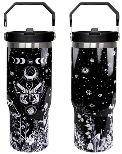 Goth Tumbler mit Griff und Strohhalm, Sonne und Mond, Thermobecher, Gothic-Schmetterling, isoliert, auslaufsicher, Reise-Kaffeetasse, Hexenfüller, wiederverwendbarer Hexenbecher aus Edelstahl, 850 ml