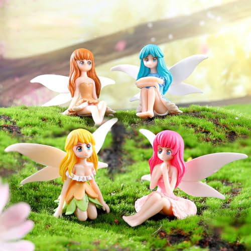 Purple Star 4PCS Fairies for Fairy Gardens Accessories Ornaments Small Fairies Figures Miniature Figurines Plastic Fairy Cake Topper Decorations Mini Statues Gifts White