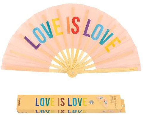 Fisura – Großer Faltbarer Fächer Originaler Fächer mit großer Aufschrift. XXL-Fächer. Faltbarer Bambusfächer. 64 x 33 Zentimeter. (Love, Regenbogen)
