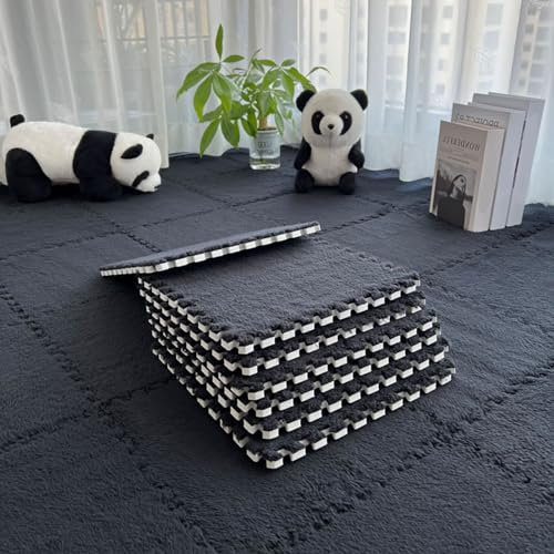 12 Stück 30 Und 60 cm Ineinandergreifende Schaumstoffmatten,Plüsch-Teppich,Flauschige Schaumstofffliesen,Weiche Und Bequeme Spielmatte Puzzle-Bodenmatte Für Spielzimmer(Size:30x30cm,Color:Schwarz)