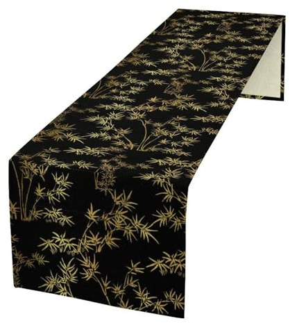 Chinesischer Bambus-Tischläufer, traditioneller japanischer goldfarbener schwarzer Bambusdruck, Tischläufer für Zuhause, Küche, Hochzeit, Party, Outdoor-Dekoration, 33 x 91,4 cm