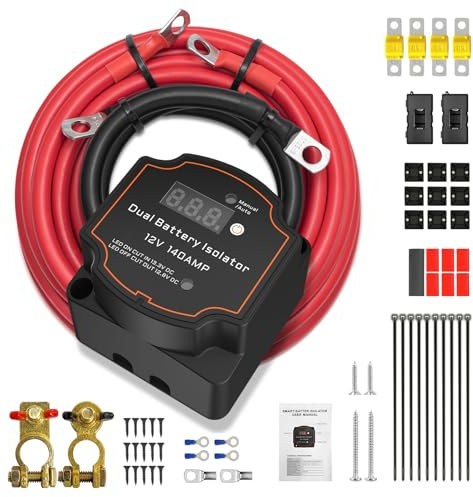 5M Split Charge Relay Kit, 12V 140Amp Smart Dual Battery Isolator, Manual/Auto Modes Voltage Sensitive Relay Kit, IP68 Waterproof, Voltage Display for Campervan Van Truck SUV RV ATV UTV Boat
