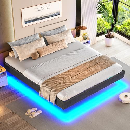 Brinlawb Cadre de Lit 140x200 avec sommier à Lattes, Hauteur 26 cm, Lit Double 140x200 cm avec des lumières LED lit 2 Place avec Structure en métal et Lattes en Bois Massif, Revêtement Tissu Gris