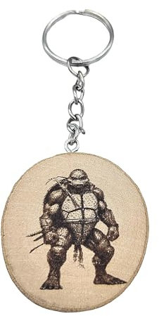 Promotech Porte-clés en bois en forme de tortue ninja fait à la main gravé au laser, Bois naturel, W5L5