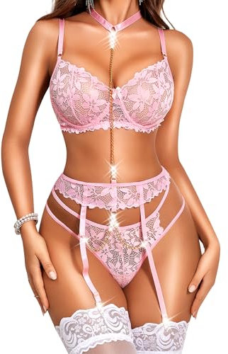 RSLOVE Women's Lingerie Sets Lace Bra and Panty Set with Garter Belt Pink Large