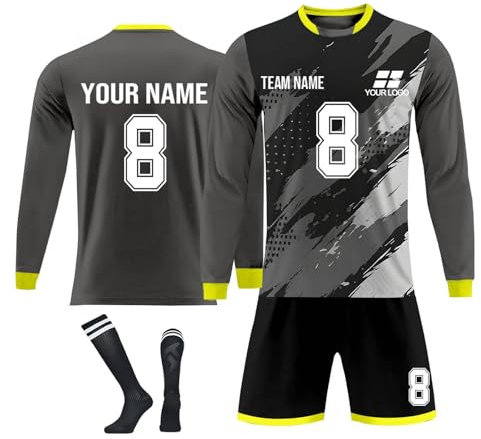 Long Sleeve Personalised Kids Football Kit, Boys Football Training Shirts Kits Home/Away Soccer Jersey, Sports Outdoor Football T-Shirt Shorts and Socks Set