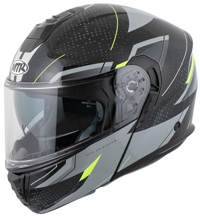 MTR K-4 Evo Klapphelm, als Jethelm & Integralhelm ECE 22.06 Geprüft, Motorradhelm mit Sonnenvisier, Mopedhelm mit Komfort-Innenfutter, Motorradhelm Herren & Damen, Fusion Grau/Neongelb, M