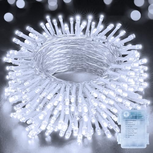 Hopexy Battery Fairy Lights, 15m 150LEDs Fairy Lights Battery Operated with Timer, Waterproof Cool White Christmas Lights with 8 Modes/Indoor Outdoor for Bedroom Wedding Garden Christmas Decorations
