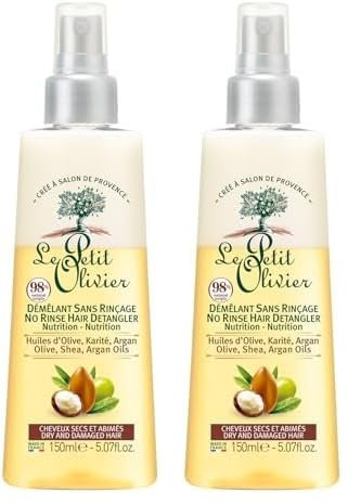 LE PETIT OLIVIER - Spray Démêlant Soin Nutrition - Sans Rinçage et Silicone- Huiles D'Olive, Karité & Argan - Démêle, Réparle & Nourrit - Cheveux Secs & Abîmés - Fabriqué en France - 150 ml (Lot de 2)