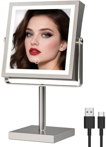 Ruacq Makeup Mirror with Lights 1X/10X Height Adjustable Brushed Nickel | 8,4000mAh Rechargeable,Dual Sided Magnifying Vanity Mirror,3 Color Lights,Adjustable Brightness,Square,Gift for Women