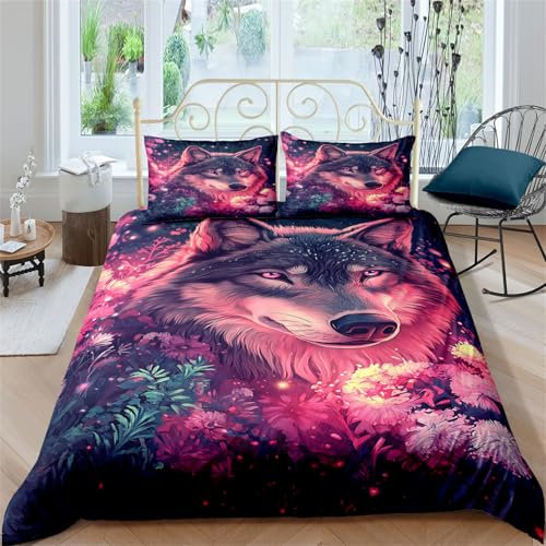 AYMAING Wolf Kinder Bettwäsche Set Buntes Blumen Tier Bettbezug 155x220cm + Kissen 50x75cm,Weiche Microfaser, mit Reißverschluss, Atmungsaktiv, für Kinderzimmer und Jungen Schlafzimmer