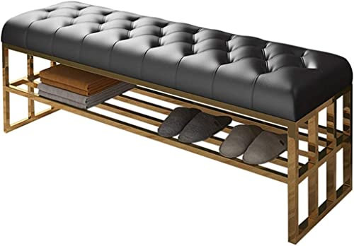 Luxuriöse Schuhbank aus Edelstahl mit Stauraum, modernes Ledersofa- und Hocker-Set für den Schlafzimmereingangsbereich