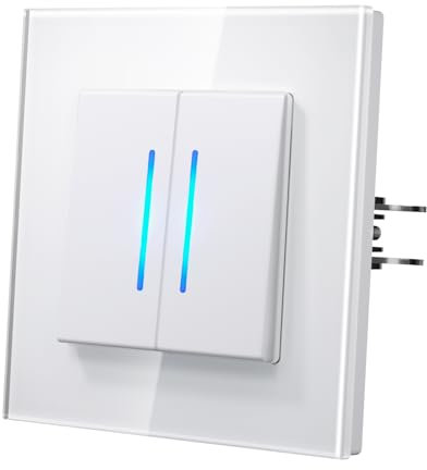 MVAVA Lichtschalter Unterputz, Lichtschalter mit Blaue Leuchtstreifen, Moderne Glas Schalter, Einfache Montage 86mm*86mm Wandschalter, 2 Fach 1 Weg Weiß