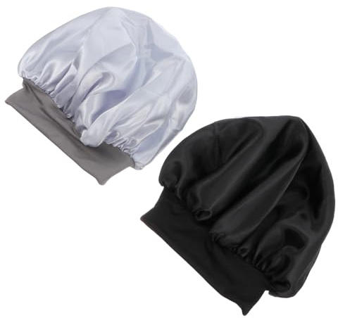 SAFIGLE Elastische Schlafmütze Mit Breitem Band 2 Stück Schwarz Silber Dehnbar Leichtes Material Voll Bedeckend Haarhaube Zum Schutz Beim Schlafen