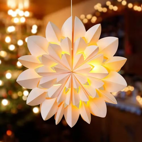 Weihnachtsstern Beleuchtet, 45 cm 3D Faltbarer Papierstern Weihnachtsstern Beleuchtet, Weihnachtsdeko Innen Stern Lichterkette, Hängende Papierstern Beleuchtung für Fenster Dekoration, Weihnachten