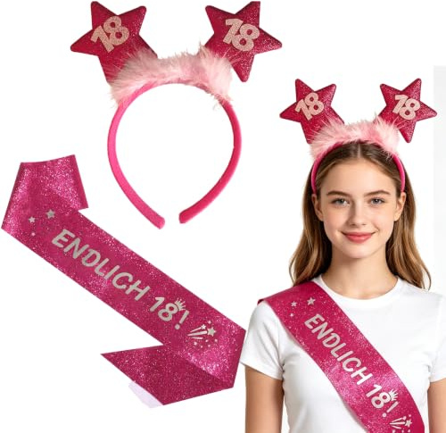2er Set 18. Geburtstag Haarreif und Birthday Queen Schärpe Rosarot Geschenk | Birthday Schärpe Stirnband mit Sternen 18 Geburtstagshaarreif für mädchen, 18. Geburtstag Geschenke Partyzubehör
