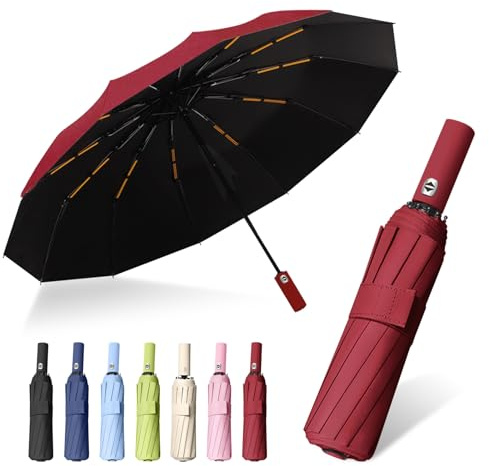 ANSEZQ Windproof Travel Umbrella - Automatic Open Close, 24 Ribs Heavy Duty Compact Folding Umbrella, UV Protection Rain Umbrella for Men and Women (burgundy)