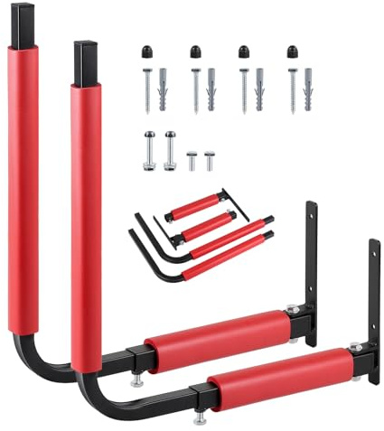 SWAWIS 1 Paire Support Mural pour Coffre de Toit avec Mousse Anti-Rayures | Plage de Réglage 33 à 57 cm, Charge 50 kg, en Acier, pour Coffre de Toit, Planche de Surf, Paddle, Outils de Jardin(Rouge)