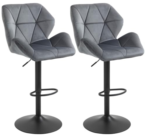 HOMCOM Barhocker 2er Set Gepolstert Barstuhl mit Metallgestell Grau | Lehne, Samtoptik, Höhenverstellbar, Fußstütze, 360° Drehbar, Küchenstühle, Tresenhocker, Küche Wohnzimmer Esszimmer