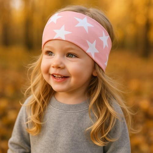 Wollhuhn ÖKO MINI Bambini Fascia larga elastica/per capelli Produzione tedesca Cotone comodo (KU 48-52) (Stelle Rosa/Bianco)