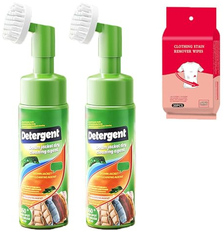 No-Rinse Down Jacket Cleaner With Brush, Multi-Purpose Stain Dry Foam Cleaner Rinse-Free And Stain Removal Wet Wipes, Clean Down Jacket Agent, Dry Foam Cleaner For Clothes (2+1)