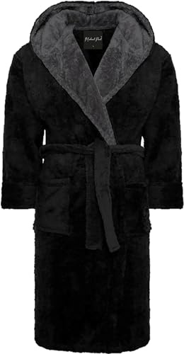 MICHAEL PAUL Dressing Gowns for Men | Super Soft Snuggle Hooded Dressing Gown |Men's Warm and Cozy Fleece Nightwear Robe | Gifts for Him BLACK grey XL