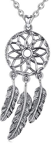 Eudora Halsketten Boho Mit Traumfänger-Anhänger aus 925 Sterlingsilber mit Feder, Vintage Kette Glücksbringer für Mädchen Damen Hübsches Geschenk Damenschmuck, 45,7 cm
