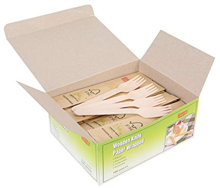 Gmark Disposable Wooden Forks Paper Wrapped | Pack of 100-6.5 Forks | 100% All-Natural, Eco-Friendly, Biodegradable, and Compostable 100 ct Individually Wrapped in Box GM1026