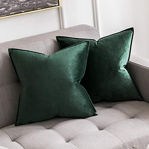 MIULEE 2er Set Samt Kissenbezug Flansch Kissenhülle Dekorative Sofakissen Dekokissen Umwickelte Kante Kissenbezüge Zierkissenbezug für Sofa Wohnzimmer Schlafzimmer 60x60 cm Dunkelgrün
