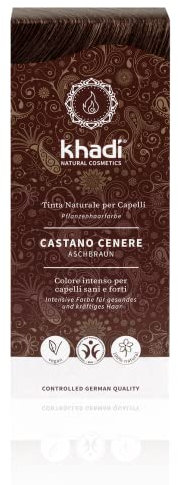khadi ASH BROWN tinte natural, coloración para cabello mate, marrón ceniza medio a marrón café intenso - sin reflejos rojizos, color natural 100% vegetales y vegano, cosmética natural, 100g