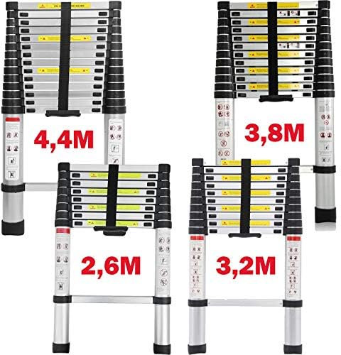 Teleskopleiter 2,6M/3,2M/3,8M/4,4M Aluleiter Klappleiter Mehrzweckleiter Rutschfester Ausziehleiter Ausziehbare Leiter Stehleiter Tragbar Leichte Leiter Schiebeleiter 150 kg Belastbarkeit