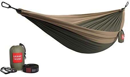 GRAND TRUNK Double Deluxe Hammock with Hanging Straps and Carabiners - Made from Parachute Nylon Fabric and Holds Two Peoople or 400lbs (Olive Green/Khaki)