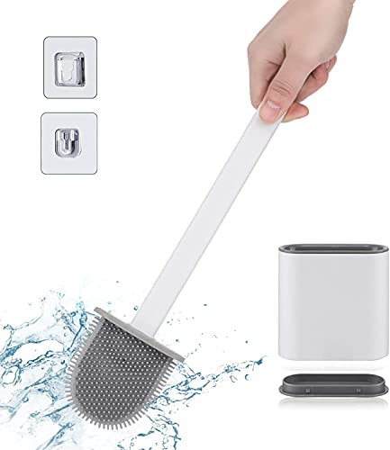Ayxnzjsjm Escobilla WC Cepillo y Soporte para Inodoro de Silicona, Juego de Portaescobillas para Inodoro para baño Rejilla de Secado Rápido Escobilla de Baño Suave para Baño de Pared/Vertical, Blanca