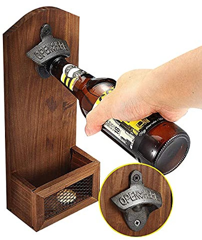 RRMMAN Wandbefestigte Flaschenöffner, Vintage Holz Bier Flaschenöffner, Wandbefestigte Flaschenöffner mit Kappe Catcher Flaschenöffner mit Kappe Catcher, GIve Bar Geschenke für Bierliebhaber